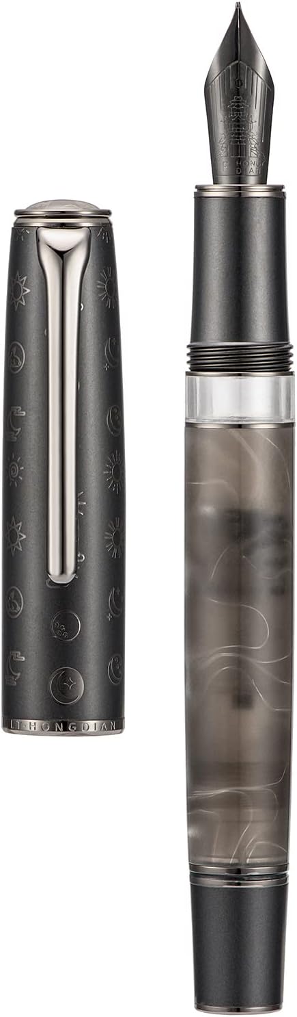 Hongdian N7 Gray Resin Piston Fountain Pen, Steel Fine Point Classic Pen Robbit on Top, Smooth Writing Pen with Metal Case