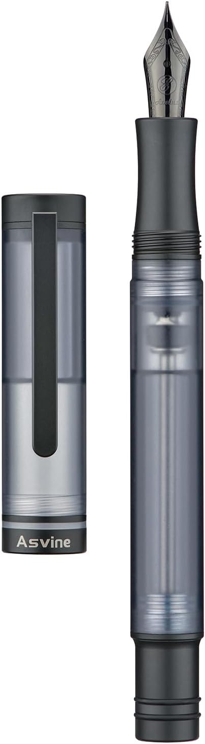 Asvine V200 Titanium Fountain Pen Vacuum Filling, Matte Black Fine Point Transparent Acrylic Smooth Writing Pen Case Set