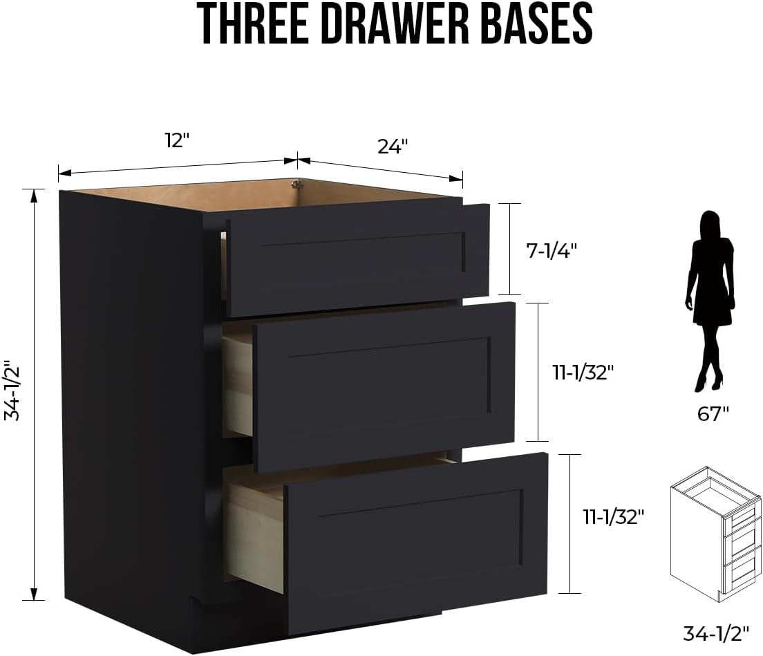 Shaker Style Charcoal Black RTA Solid Wood Base Cabinet with 3 Drawers and Soft Close Feature, 12" W x 24" D x 34.5" H, Perfect for Standalone Use or Kitchen Cabinet Combinations