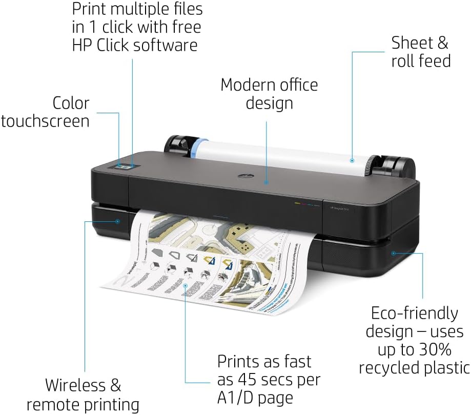 HP DesignJet T210 Large Format 24-inch Plotter Printer, Includes 2-Year Onsite Warranrty Support (8AG32T) - New Model