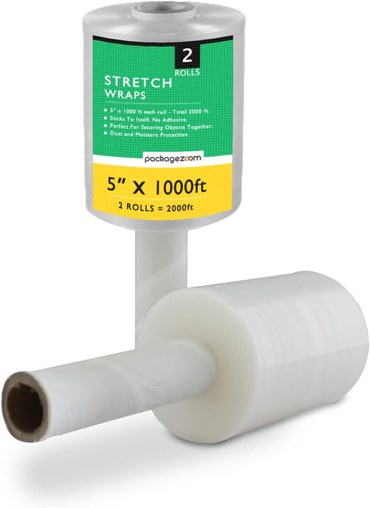 2 Pack Mini Hand Stretch Wrap 5" 1000 Ft Rolls PackageZoom Industrial Strength Clear Plastic Wrap for Box, Furniture Wrapping, 55 Gauge Shrink Wrap for Moving & Packing