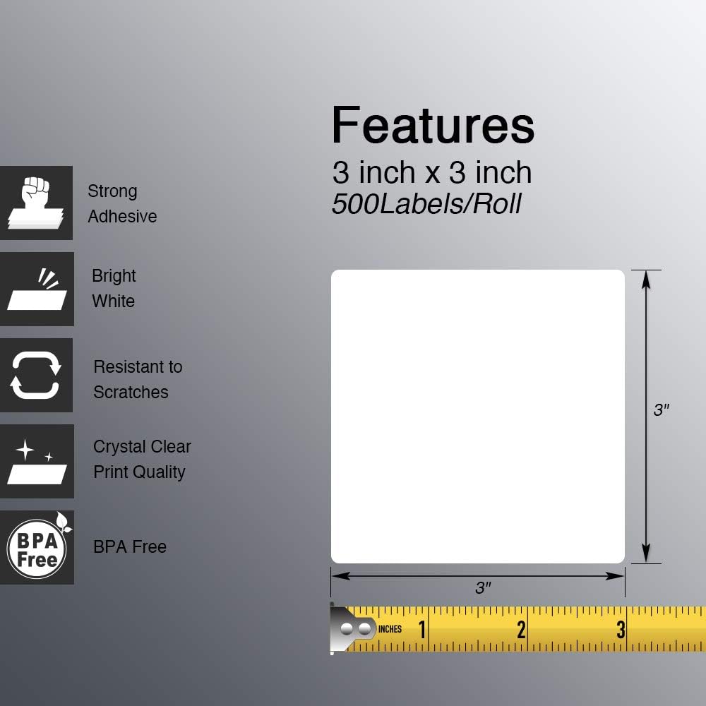 BETCKEY - 3" x 3" (76 mm x 76 mm) Multipurpose & Large Square Labels Compatible with Zebra & Rollo Label Printer,Premium Adhesive & Perforated [1 Rolls, 500 Labels]
