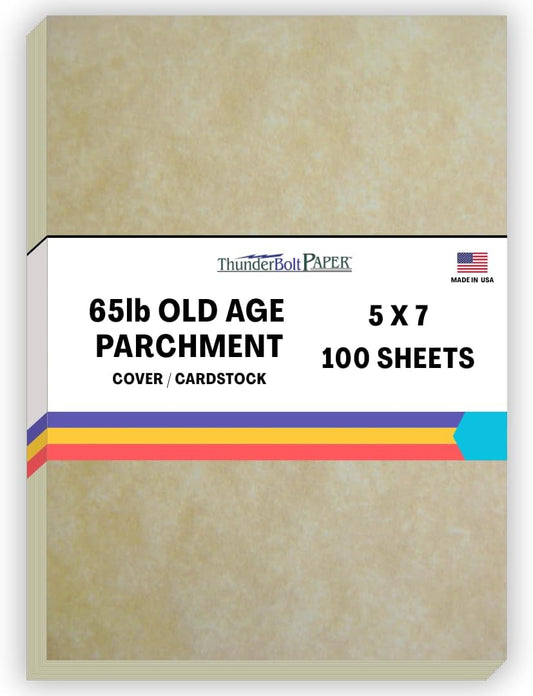 100 Old Age Parchment 65lb Cover Weight Paper - 5" X 7" (5X7 Inches) Photo|Card|Frame Size - Printable Cardstock Colored Sheets Old Parchment Look