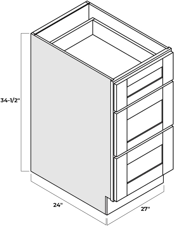 Shaker Style White RTA Base Drawer Cabinet by Solid Wood for Kitchen, Bathroom, Bedroom or Office with 3 Drawers and Soft Close(27" W x 24" Depth x 34-1/2" H)