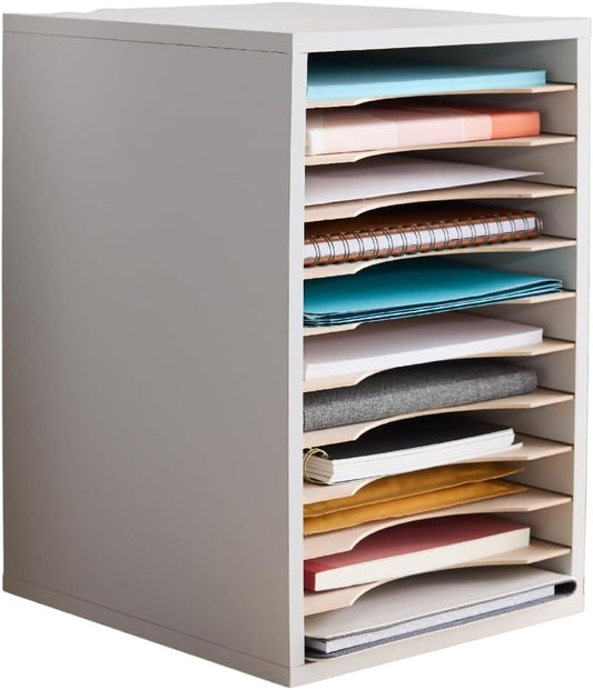 Safco Vertical Literature Organizer, 11 Compartments, Office and Classroom Mailbox with Adjustable Shelves, Wood Paper and Mail Sorter, Modern Gray