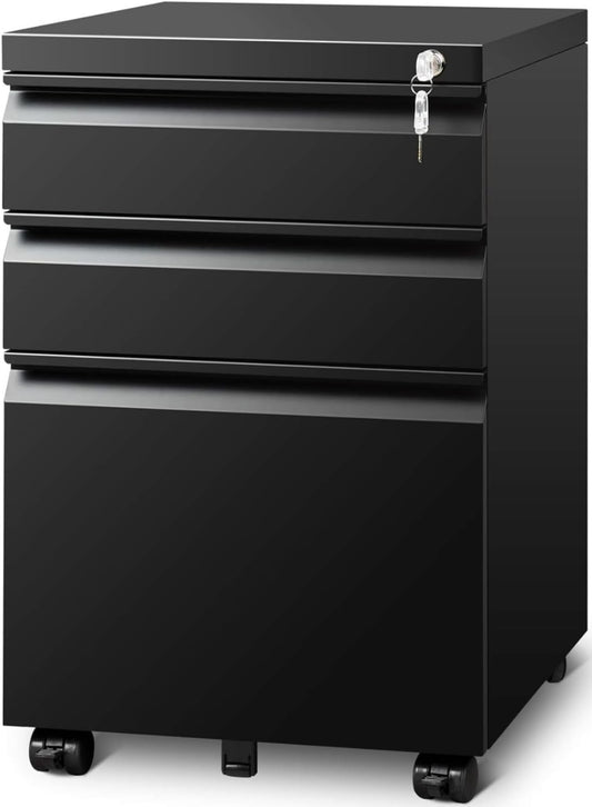 Filing Cabinets for Home Office, Mobile File Cabinet with Lock, 3 Drawer Filing Cabinet for A4/Letter/Legal Size Folder, Fully Assembled Except Casters, Matte Black