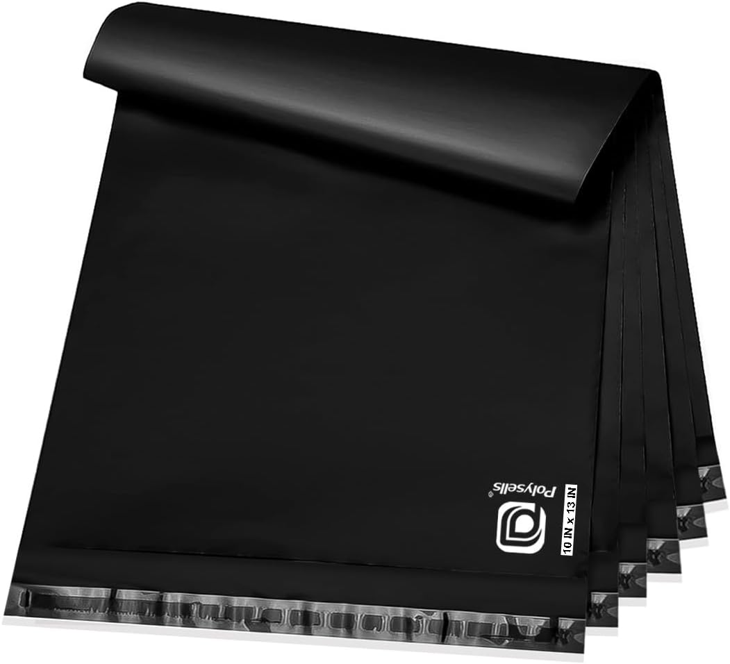POLYSELLS 100 pcs 10x13 Inches Black Poly Mailers Shipping Envelopes, Strong Adhesive Sealing, Waterproof, and Tear-resistant Postal Mailing Bags for Clothing, Books, and Accessories
