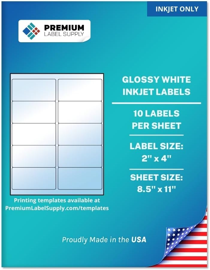 Premium Label Supply Glossy White Sticker Labels – 2" x 4" – (10 per Sheet) (Glossy White for Inkjet Only, 250 Labels)