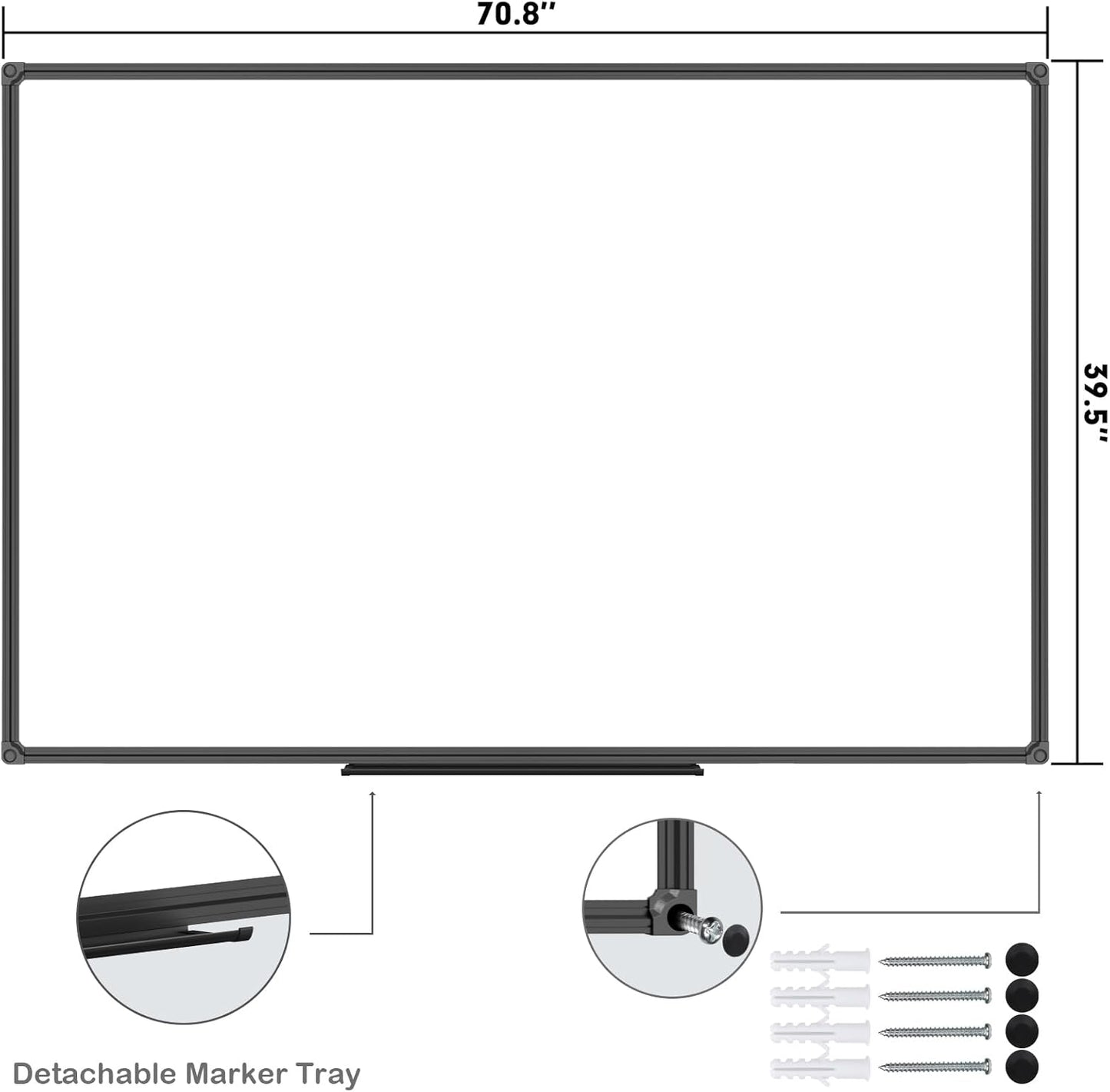 JILoffice Large Magnetic White Board, Dry Erase Board 72 x 40 Inch, Black Aluminum Frame with Detachable Marker Tray, Wall Mounted Board for Office Home and School