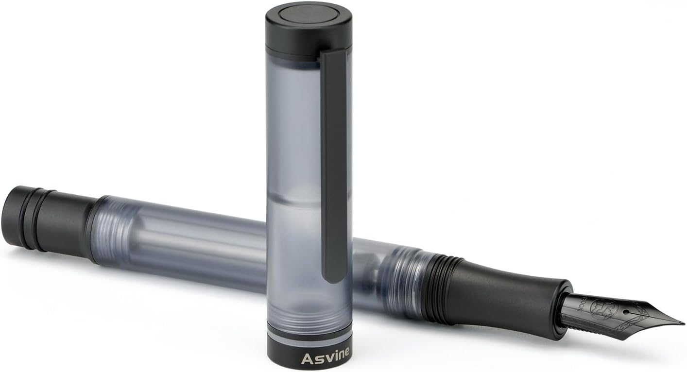 Asvine V200 Titanium Fountain Pen Vacuum Filling, Matte Black Bock Medium Nib Transparent Acrylic Smooth Writing Pen Case Set