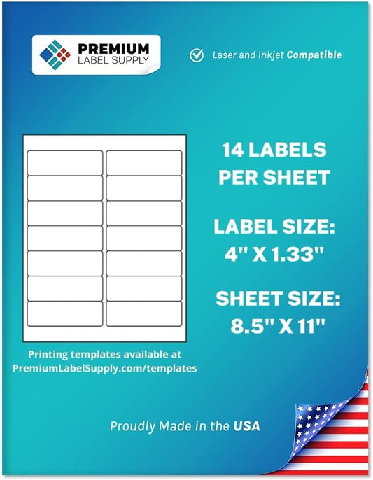 Premium Label Supply White Sticker Mailing Labels – 4" x 1.33" – Laser/Inkjet Compatible – (14 per Sheet), 500 Sheets – 7000 Total Adhesive Labels