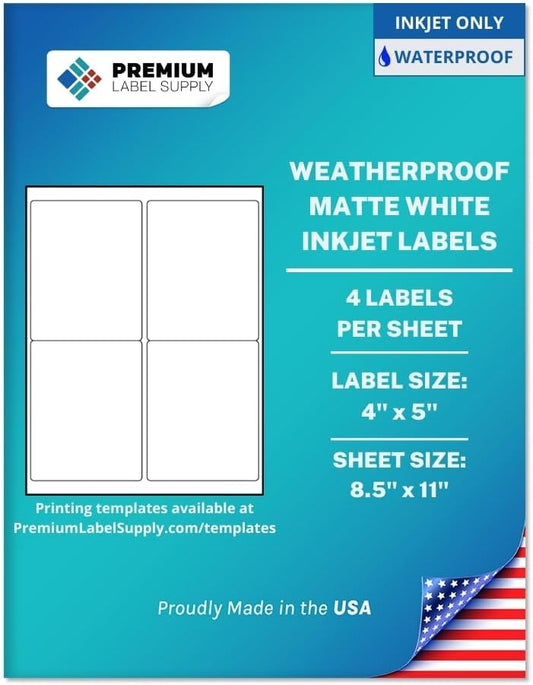 Premium Label Supply Waterproof Matte White Sticker Labels – 4" x 5" – Inkjet Printers Only – (4 per Sheet), 10 Sheets - 40 Total Adhesive Labels