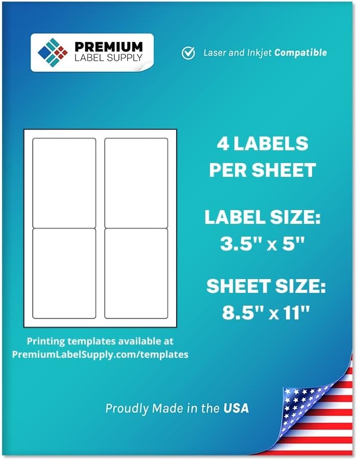 Premium Label Supply White Sticker Mailing/Shipping Labels – 3.5" x 5" – Laser/Inkjet Compatible – (4 per Sheet), 500 Sheets - 2,000 Total Adhesive Labels