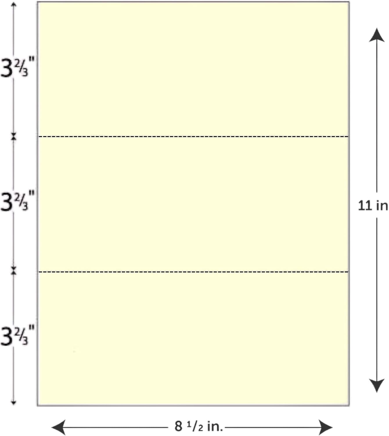 Limited Papers (TM) 8.5x11 Perforated Paper, 20/50 Pound, 75 GSM, Variety of Perforation Sizes and Colors, for Forms, Tickets, Postcards. (Canary, 3 up - horizontal 3 2/3" and 7 1/3" from bottom)