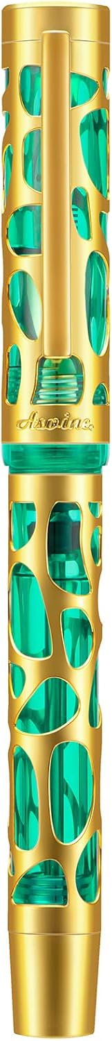Asvine V169 Vacuum Filling Fountain Pen Iridium Extra Fine Nib, Water Drop Skeleton Gold Trim Transparent Green Acrylic Pen Case Set