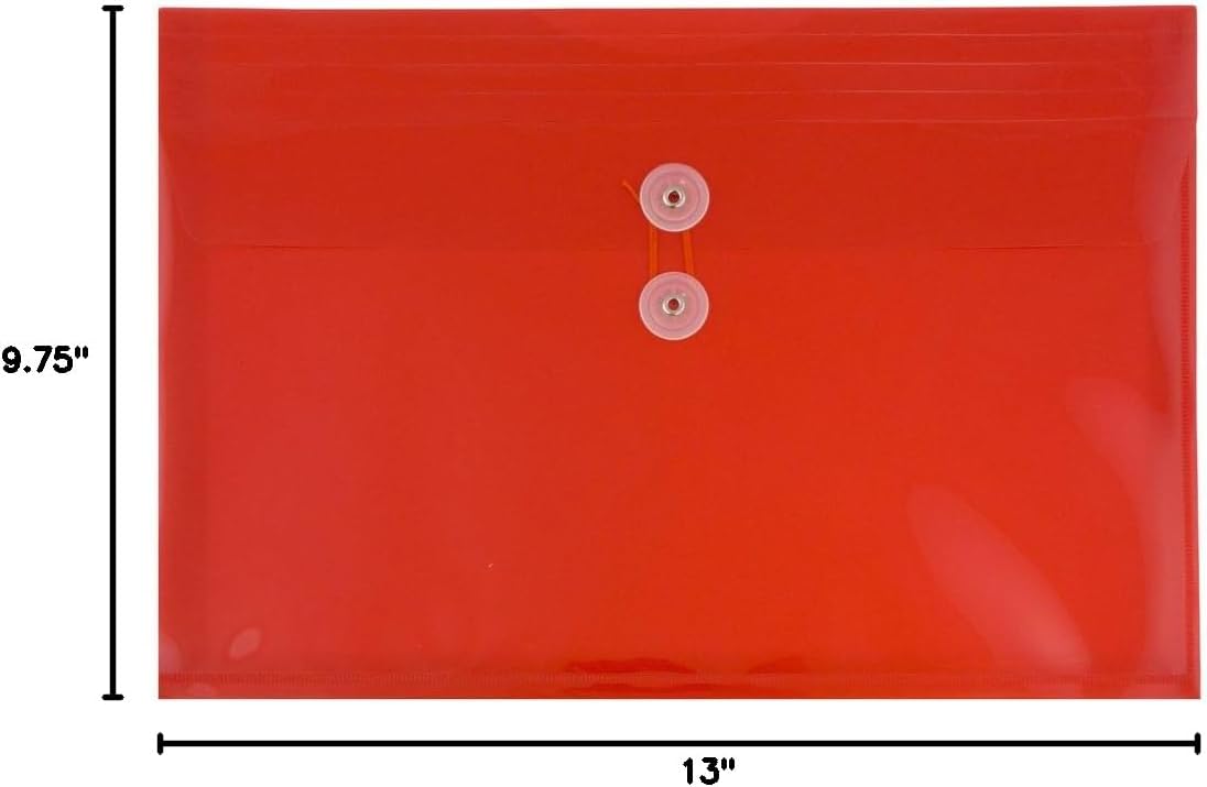 JAM PAPER Plastic Envelopes with Button & String Tie Closure - Letter Booklet - 9 3/4 x 13 - Red - 12/Pack