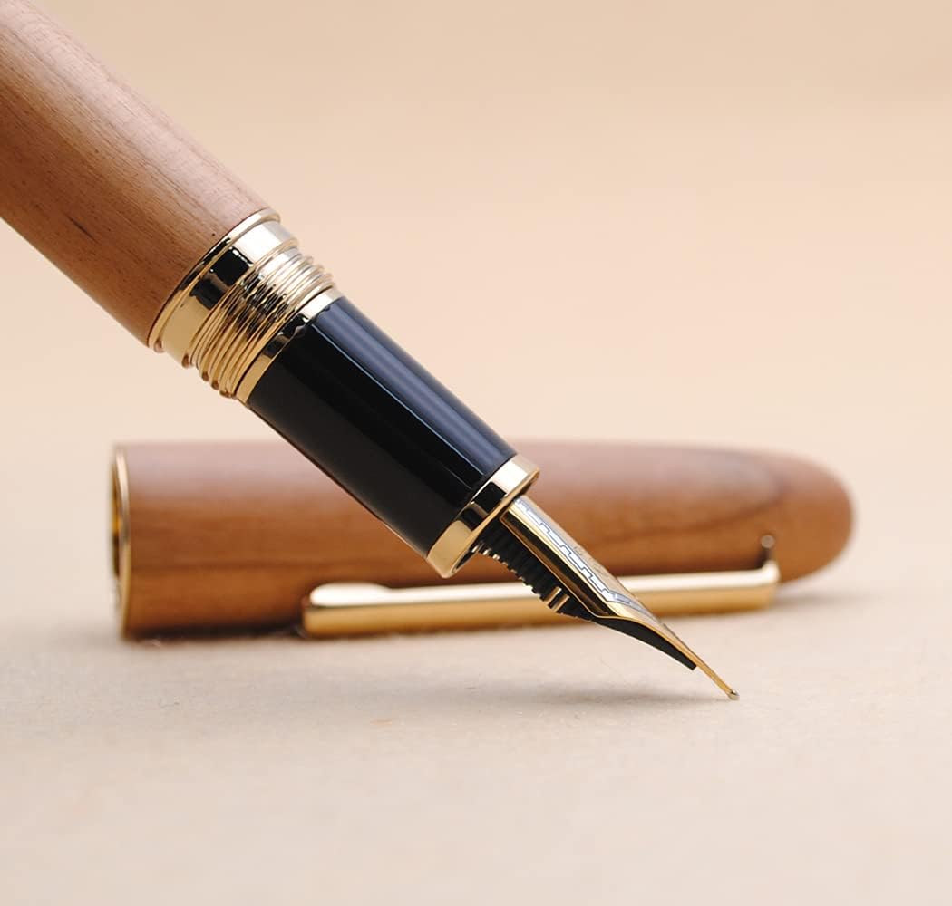 JINHAO 9036 Natural Wood Fountain Pen Handmade Ink Pen (Fine Nib 0.5mm, Cherry Wood)
