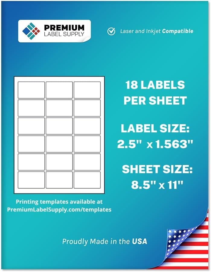Premium Label Supply White Sticker Rectangle Labels – 2.5" x 1.563" – Laser/Inkjet Compatible – (18 per Sheet), 100 Sheets – 1,800 Total Adhesive Labels