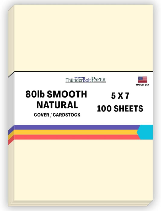 100 Natural Smooth Card Stock Sheets Paper - 5 X 7 Inches Photo Card Frame Size - 80# (80 lb/Pound) Cover Weight - Quality Paper - Smooth Finish