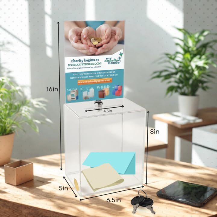 Clear Donation Box for Fundraising with Lock & Display Sign Holder, Raffle Box, Tip Box, Secure Ballot Box and Suggestion Box with slot, Extra large Ticket Box size 16" x 8" x 6" (2 pack)