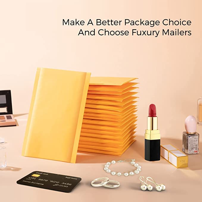 Fuxury Small Bubble Mailers 4x8" 100 Pack Padded Envelopes Thick Kraft Bubble Envelopes Usable Size 4x7" Waterproof Cushioned Padded Mailers Packaging for Small Business #000 Yellow