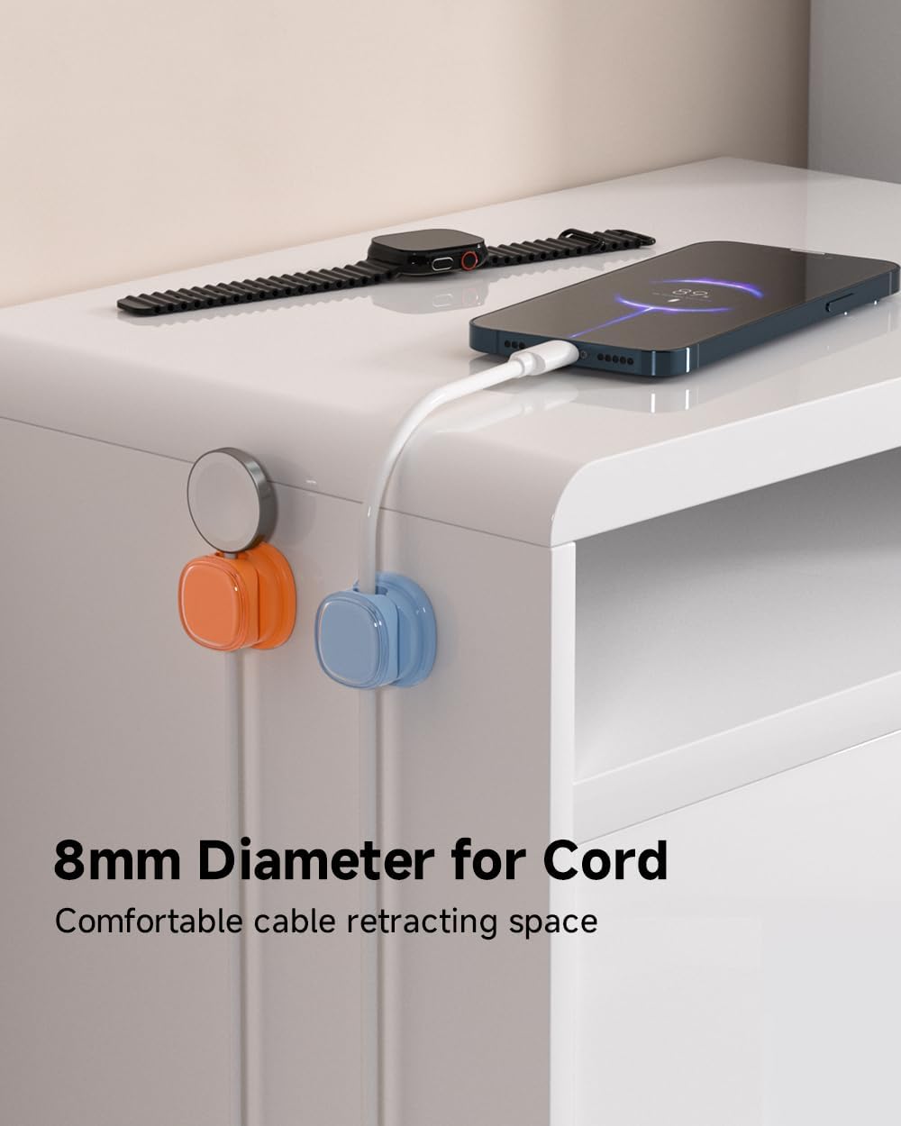 9 Pack Cord Organizer, Spring Cable Management, Adhesive Cute Cable Holder Clips, Phone Charger Wire Keeper for Desk Nightstand Car Office (9-Pack Black_Orange_Blue)