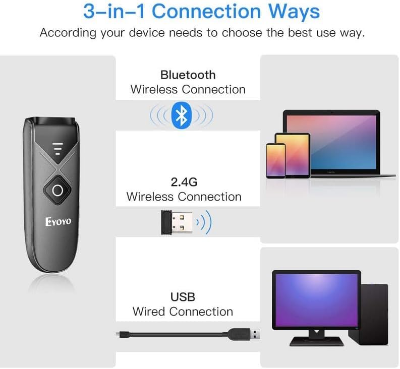 2-Pack Eyoyo Mini QR 2D&1D Bluetooth Barcode Scanner Portable Wireless Barcode Reader with USB Wired/Bluetooth/ 2.4G Wireless Connection for Phone, Android, Tablet, Laptops
