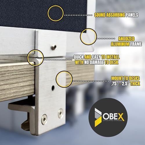 OBEX Acoustic Mounted Screen Privacy Panel Table Top Separator, Sound Blocking Desk Divider (Slate, 18" X 60")