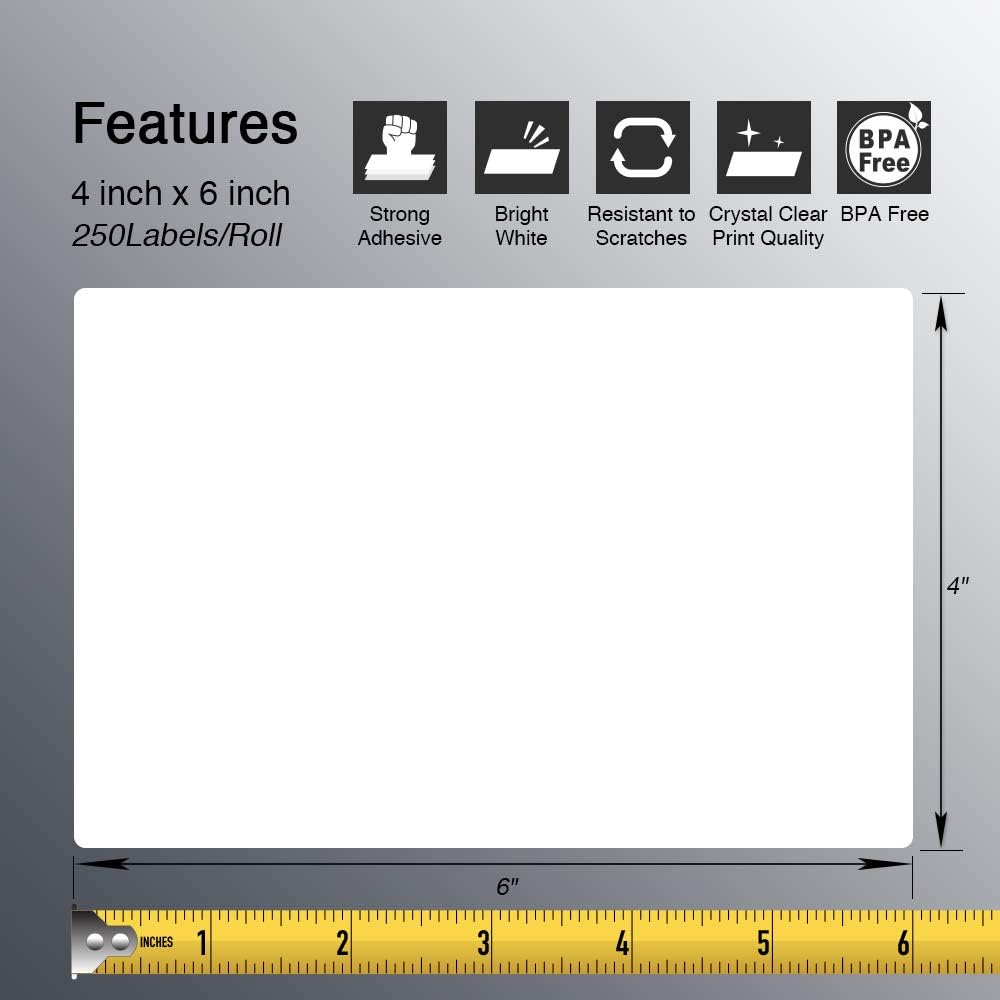 BETCKEY - 4" x 6" (102 mm x 152 mm) Shipping Labels Compatible with Zebra & Rollo Label Printer(not for dymo 4XL), Premium Adhesive & Perforated [1 Rolls, 250 Labels]
