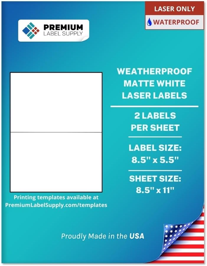Premium Label Supply Waterproof Matte White Shipping Labels – 8.5" x 5.5" – Laser Printers Only – (2 per Sheet), 100 Sheets - 200 Total Adhesive Labels