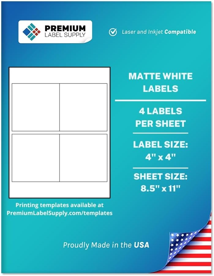 Premium Label Supply White Sticker Square Labels – 4" x 4" – Laser/Inkjet Compatible – (4 per Sheet), 25 Sheets - 100 Total Adhesive Labels