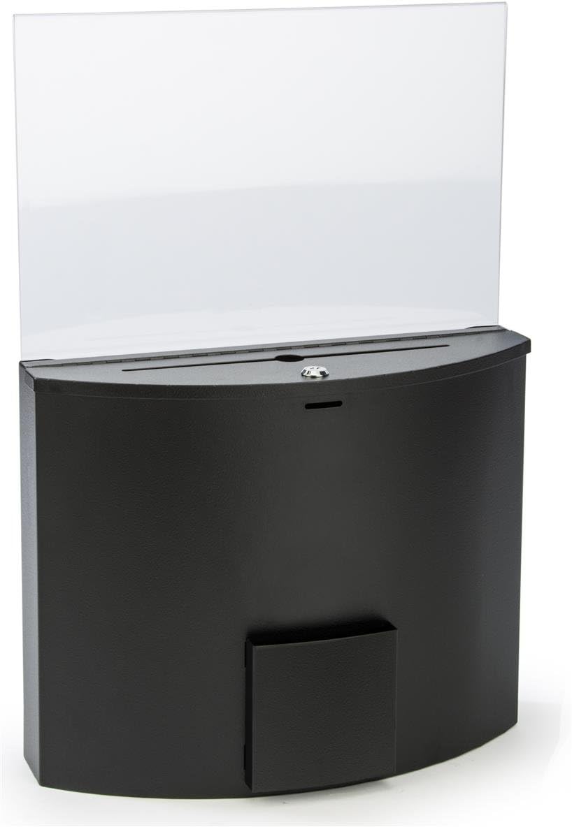 Ballot and Suggestion Box, Locking, Includes 17" x 11" Sign Holder, Pocket for Papers (Black, Metal)