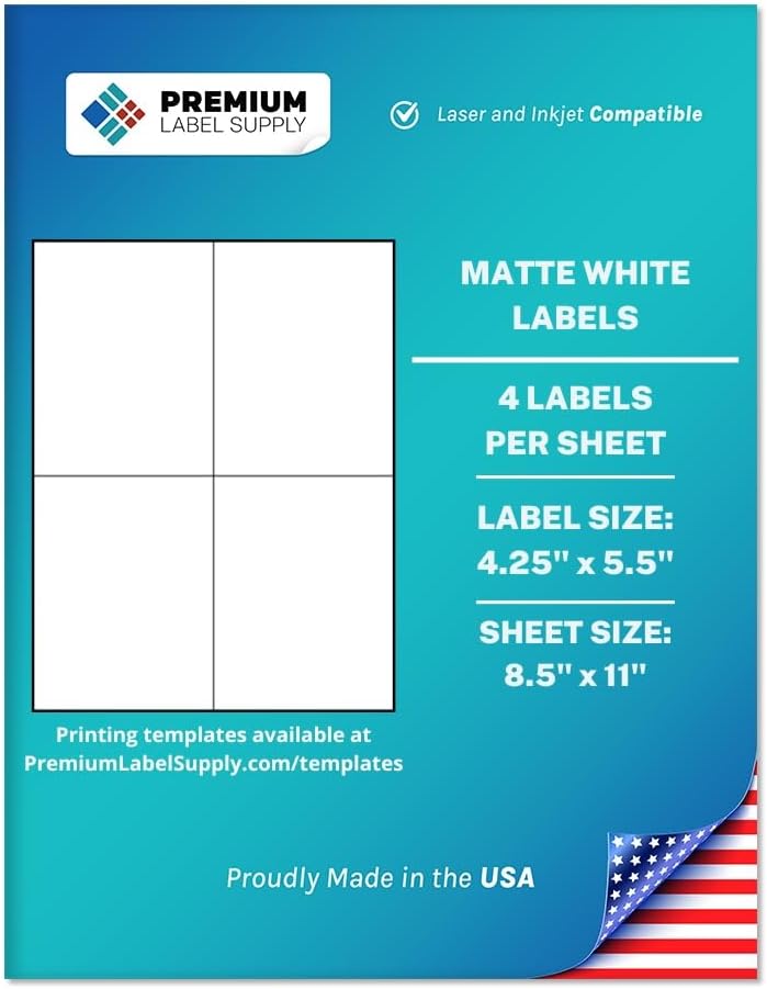 Premium Label Supply White Sticker Shipping Labels – 4.25" x 5.5" – Laser/Inkjet Compatible – (4 per Sheet), 500 Sheets – 2000 Total Adhesive Labels
