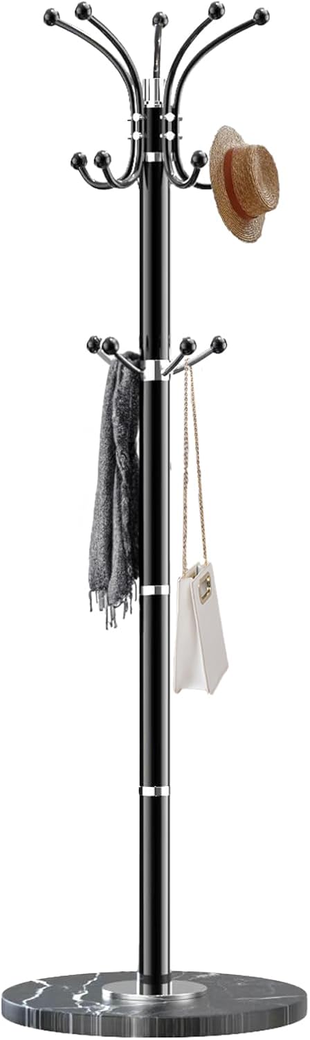 Metal Coat Rack Stand with Natural Marble Base, Modern Coat Rack Freestanding, 360°Rotary Coat Racks with 14 Hooks, Heavy Duty Coat Hall Tree Hanger Stand for Entryway, Office