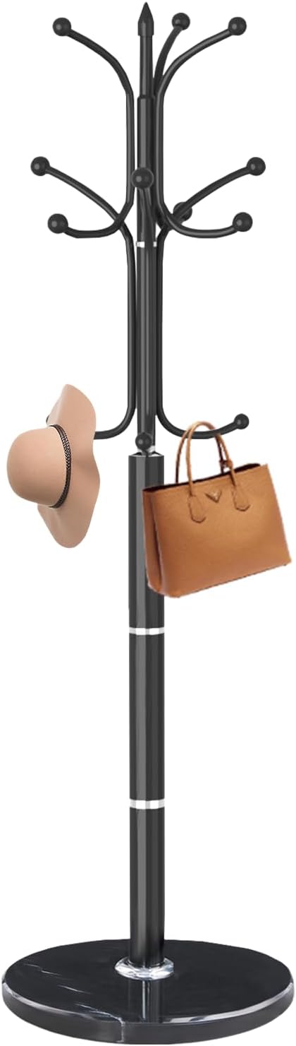 Modern Metal Coat Rack Stand, Coat Rack Freestanding with Natural Marble Base, Sturdy Heavy Duty Coat Racks with 12 Hooks, Black Coat Hall Tree Stand for Entryway, Office (12 HOOKS-Black)