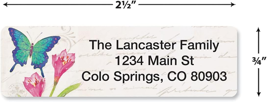 Butterflies & Flowers Rolled Personalized Return Address Mailing Labels with Dispenser, Set of 250, 5 Designs, Small ¾ x 2½ Inch Size, Custom Self-Adhesive Sticker Roll, by Colorful Images