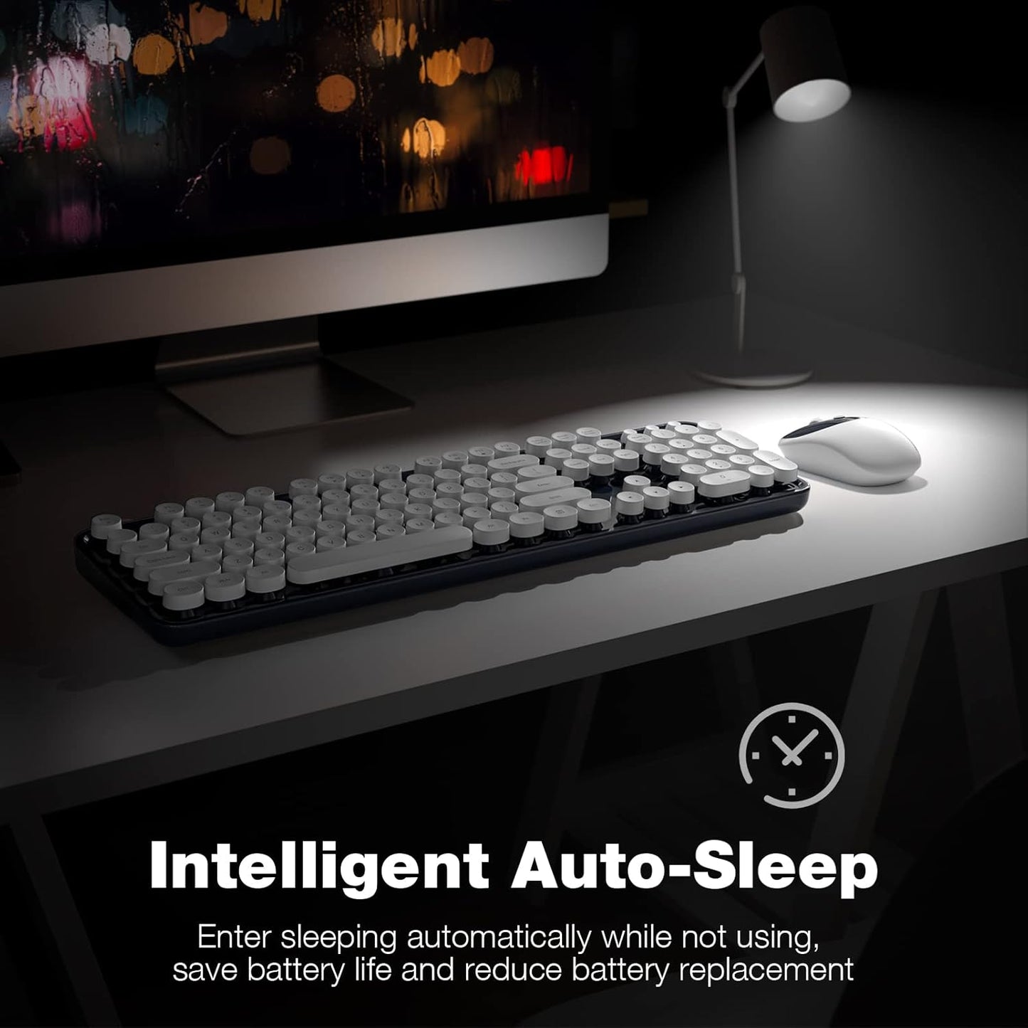 Wireless Keyboard and Mouse, Typewriter Full Size Keyboard with Number Pad and 2 in 1 USB Connected Mouse for Windows 7/8/10, Laptop, Desktop, PC, Computer (Dark-Blue)