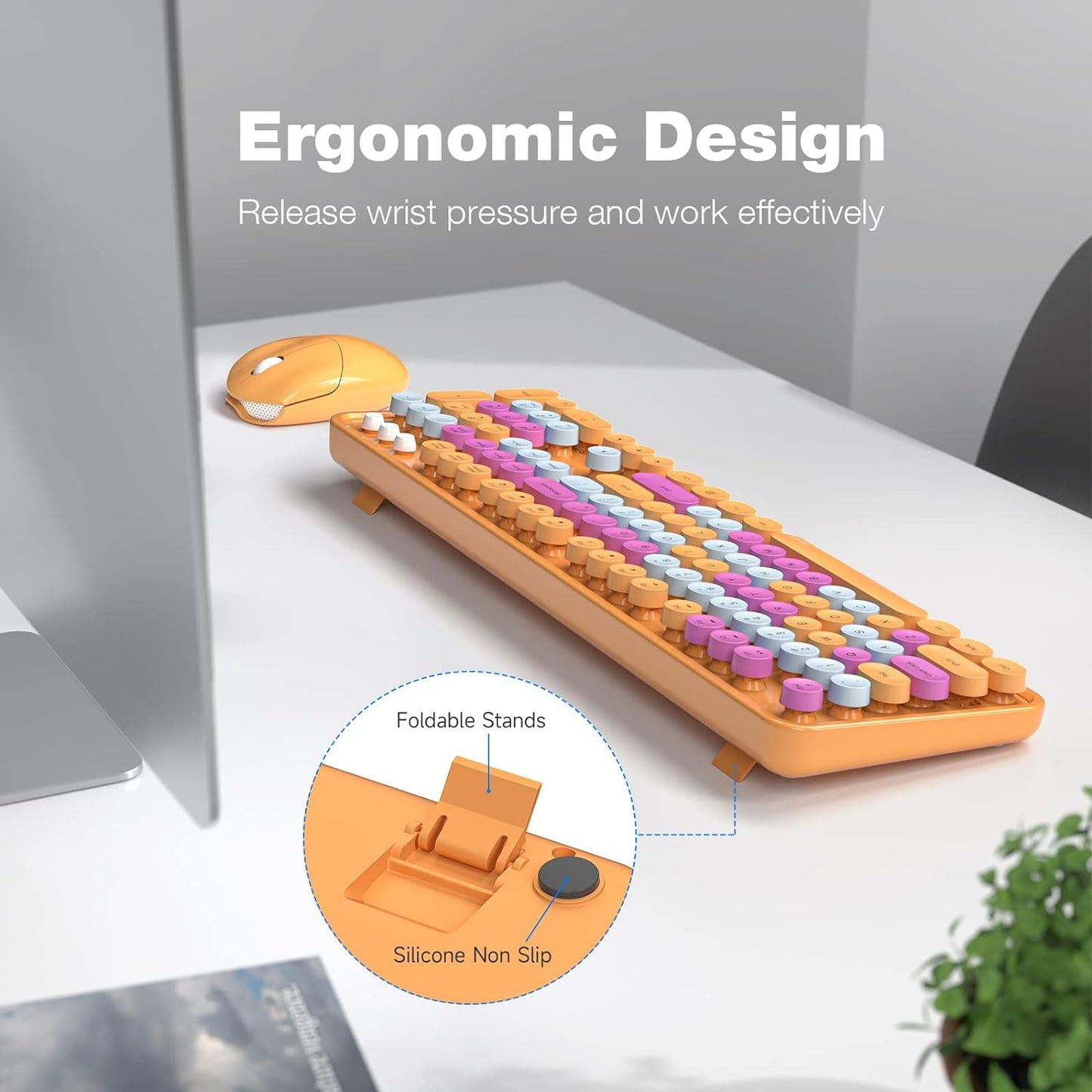 MOFII Wireless Keyboard and Mouse Combo, Orange Retro Keyboard with Round Keycaps, 2.4GHz Dropout-Free Connection, Cute Mouse for PC/Laptop/Mac/Windows XP/7/8/10 (Orange-Colorful)