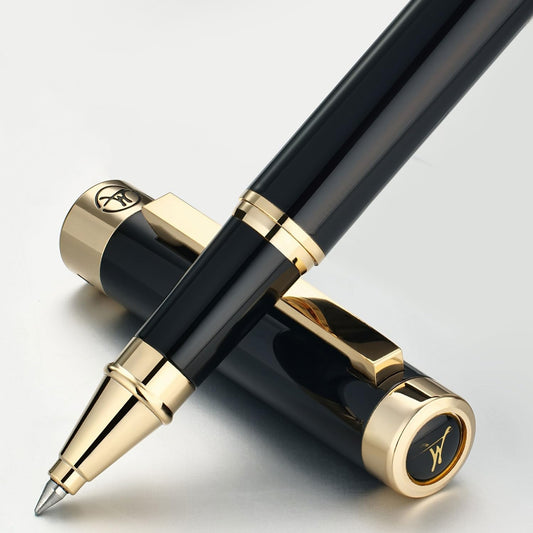 Black Rollerball Pen With 24K Gold Finish, Luxury Grade Craftsmanship Pen, Schmidt 888F Ink Refill, Exquisite Men's And Women's Gift Pen Set, Professional, Writing, Executive,Office, Nice Pen