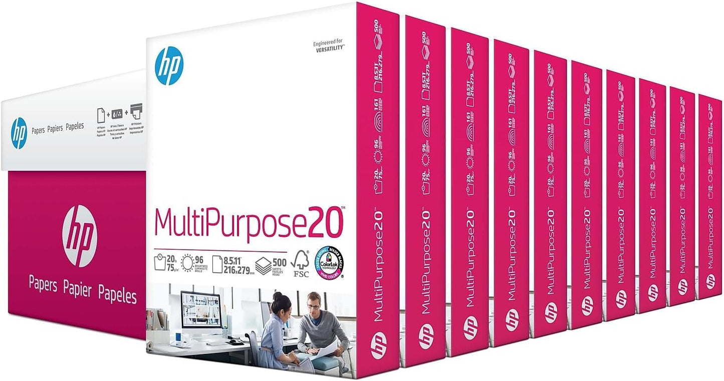 HP Printer Paper | 8.5 x 11 Paper | MultiPurpose 20 lb | 10 Ream Case - 5000 Sheets | 96 Bright | Made in USA - FSC Certified | 112000PC