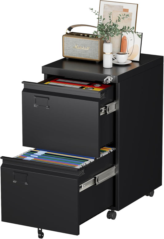 Aobabo 2 Drawer File Cabinet, Lockable Metal Filing Cabinet with Wheels for Home Office, Legal/Letter Size, Required Assembled,Black