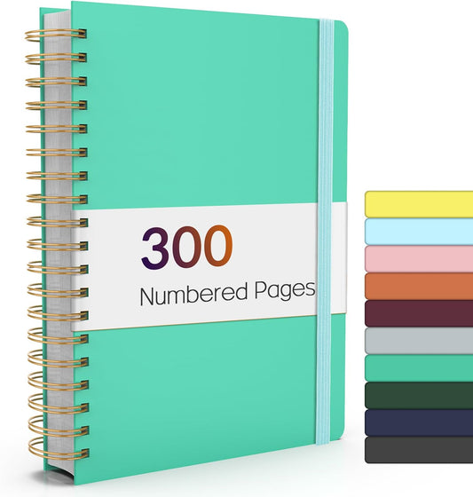 Forvencer A4 Lined Spiral Journal Notebook with 300 Numbered Pages, 11" X 8.5" Thick Journals for Writing with 100GSM Paper, Hardcover Notebooks with Contents for Work, School, Green
