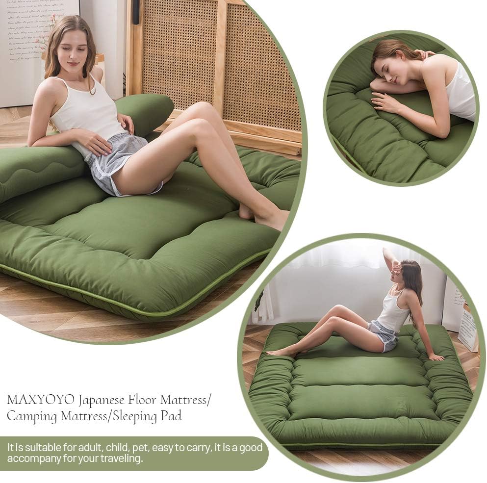 MAXYOYO Japanese Futon Mattress Twin Size Floor Mattress, Thicken Tatami Mat Sleeping Pad Roll Up Mattress Floor Bed Folding Couch Bed Mattress Pad for Guest Room, Green, Twin