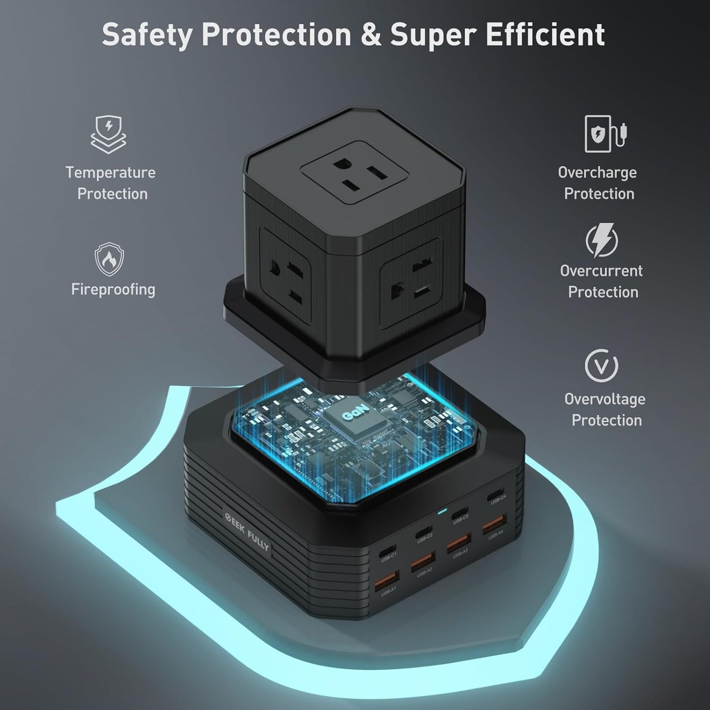 100W USB C Charging Station 13-in-1 Surge Protector Power Strip with 4 PD USB-C & 4 USB-A Ports, Adapt to MacBook Pro/Air, iPhone 15/14, iPad, and Multi-Device Office and Home Chargers
