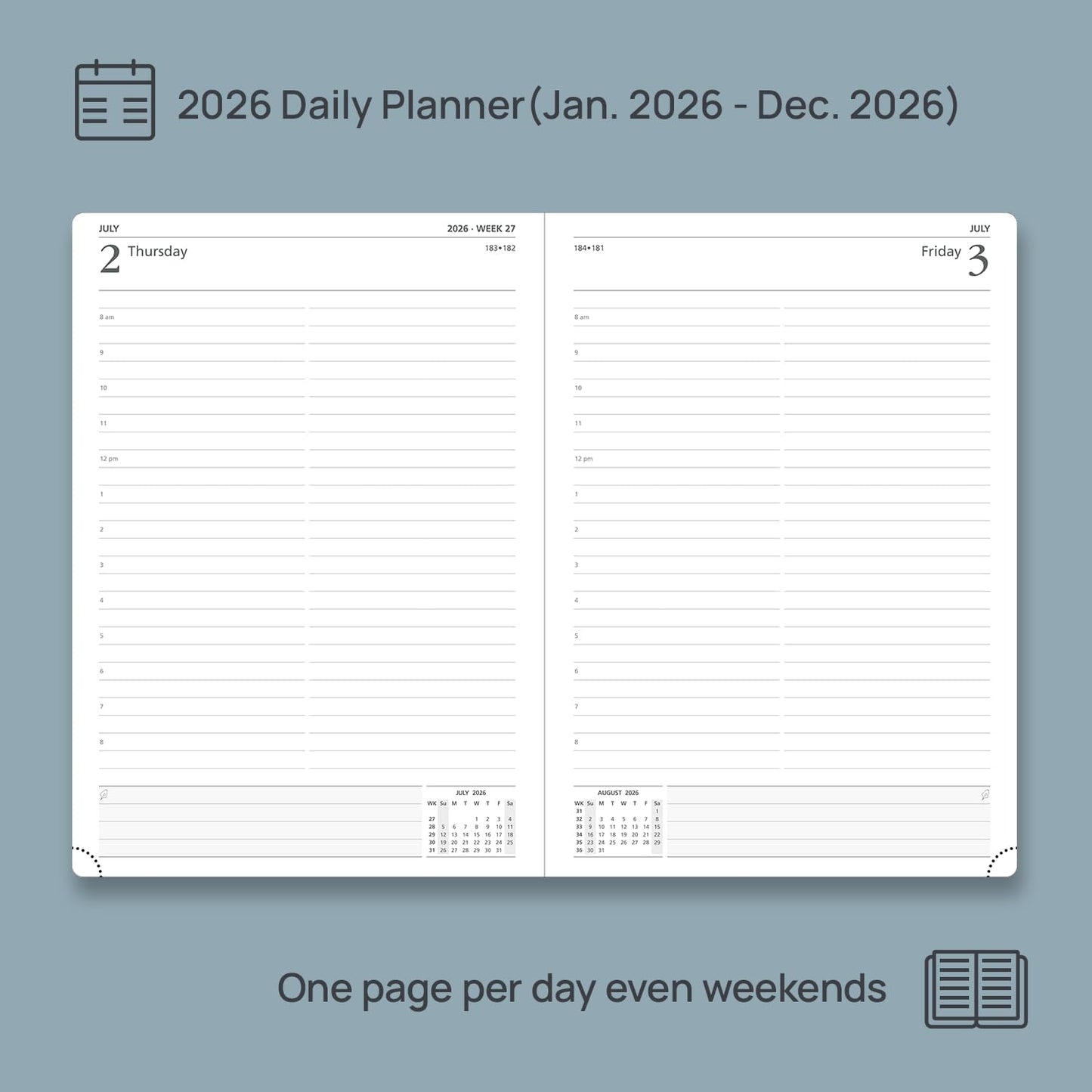 POPRUN 2026 Daily Planner One Page Per Day Even Weekends A4 Large Size (8.5" x 12") - 12 Months Calendar Hourly Appointment Book with Inner Pocket, Pen Holder, Hardcover - Midnight Green