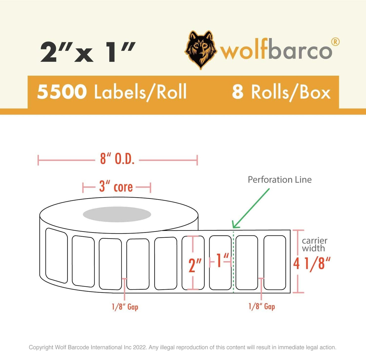 Direct Thermal Paper Label/Industrial Grade 2"X 1" White, with Perforation, 3" Core, 8" OD,5500 Labels/Roll (8 Rolls per Box), Compatible with Zebra, Godex and Datamax Printers