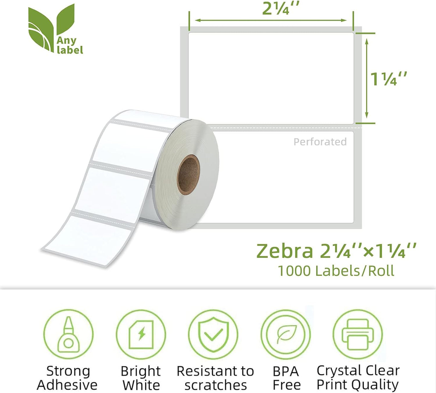 2.25" x 1.25" Direct Thermal Labels - White for Barcode Printing, Compatible With Zebra, Rollo, Munbyn Printers (12 Rolls, 1000 Labels/Roll)