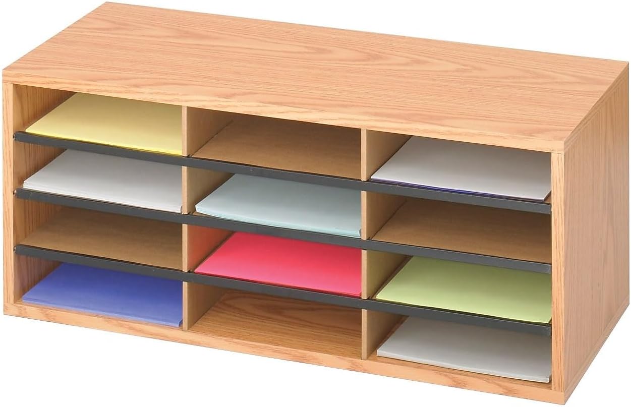 Safco Literature Organizer, 12 Compartments, Office and Classroom Mailbox with Adjustable Shelves, Wood Paper and Mail Sorter, Medium Oak