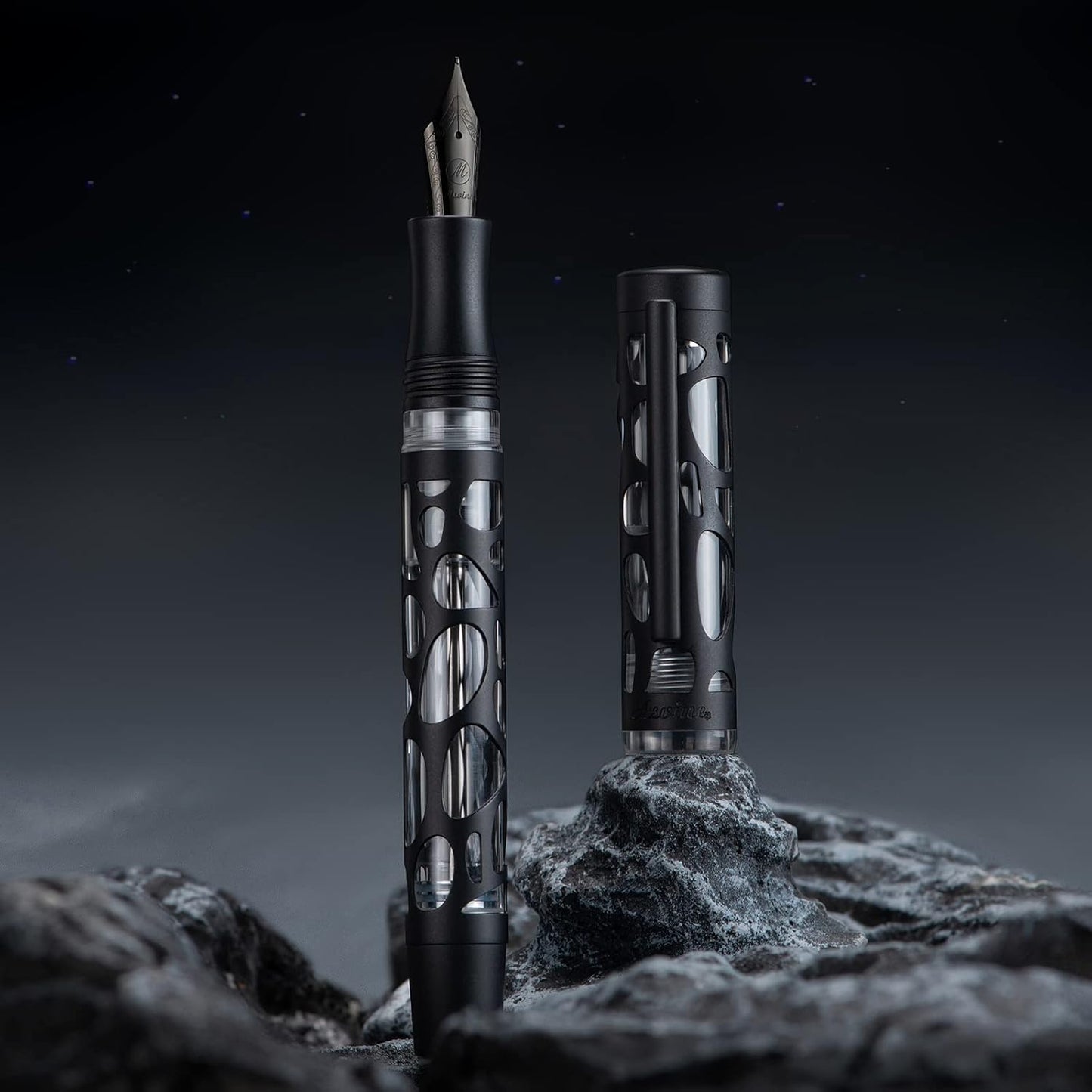 Asvine V169 Vacuum Filling Fountain Pen, Matte Black Water Drop Skeleton Transparent Acrylic Pen, Black Medium Nib Office Pen with Case Set