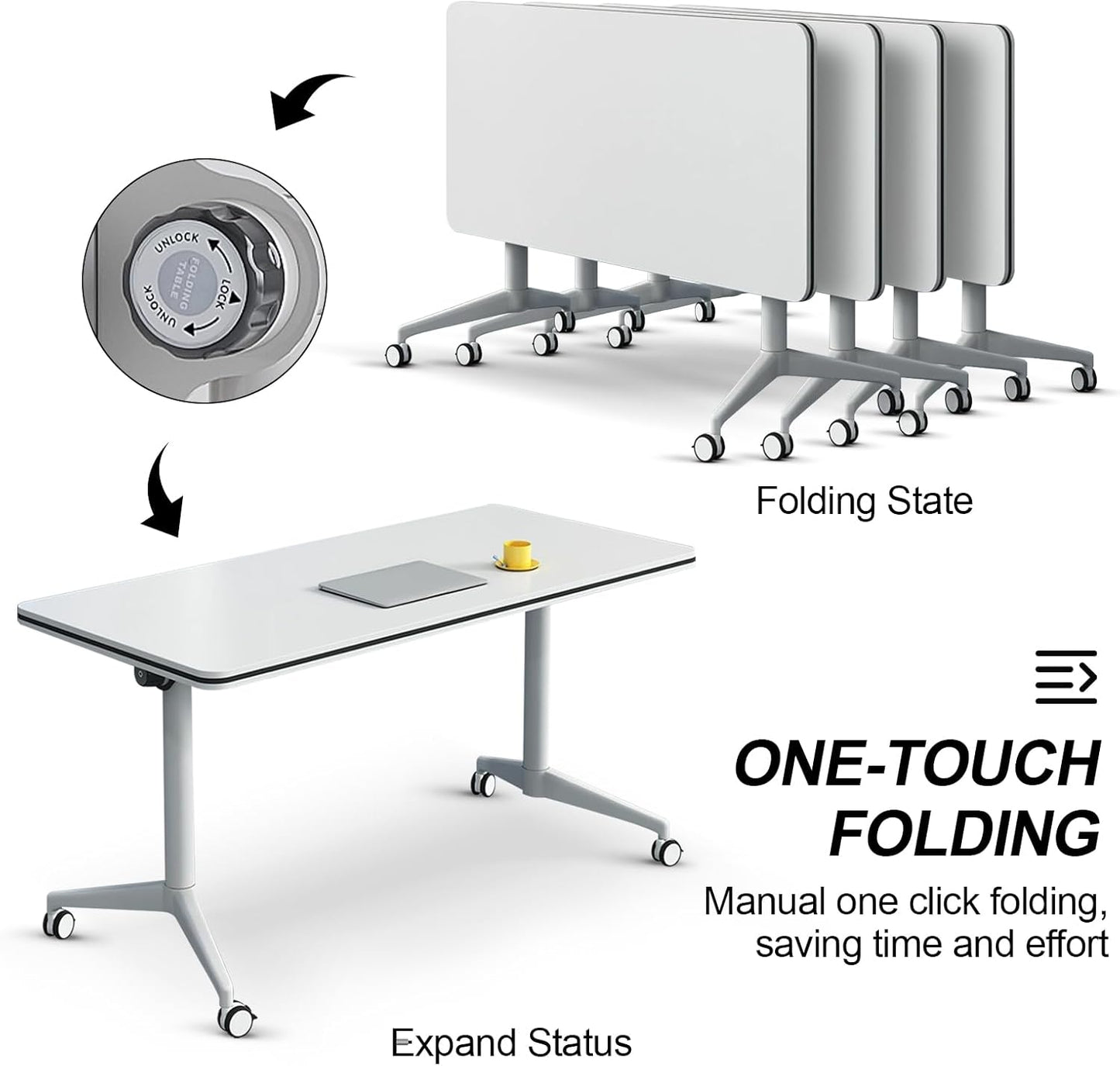 Folding Conference Table, Modern Large Conference Room Tables with Flip-Top Design, Foldable Conference Table Meeting Table with Wheels, Mobile Seminar Training Tables for Office Classroom (2, White)